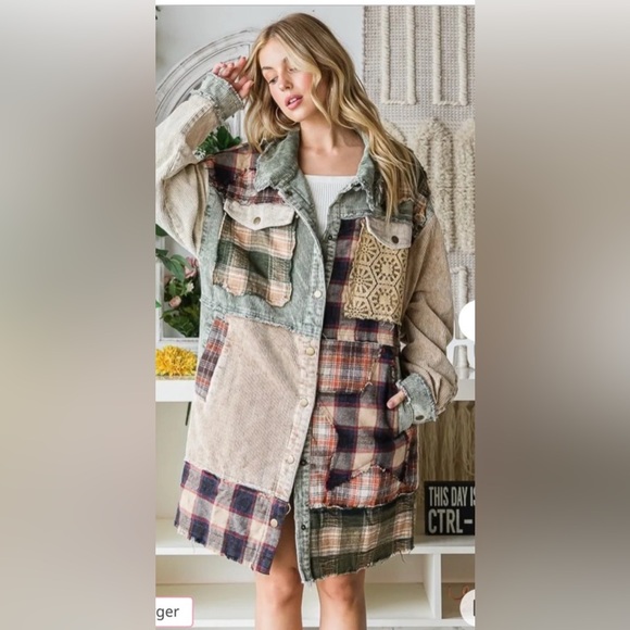 OLI & HALI Fireside Comfort Corduroy Patchwork Jacket Star Shacket Olive M - Picture 2 of 16